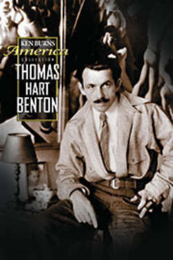 The poster for 'Thomas Hart Benton.' It shows a brown-hued photo of Thomas Hart benton sitting, posing in front of one of his paintings.