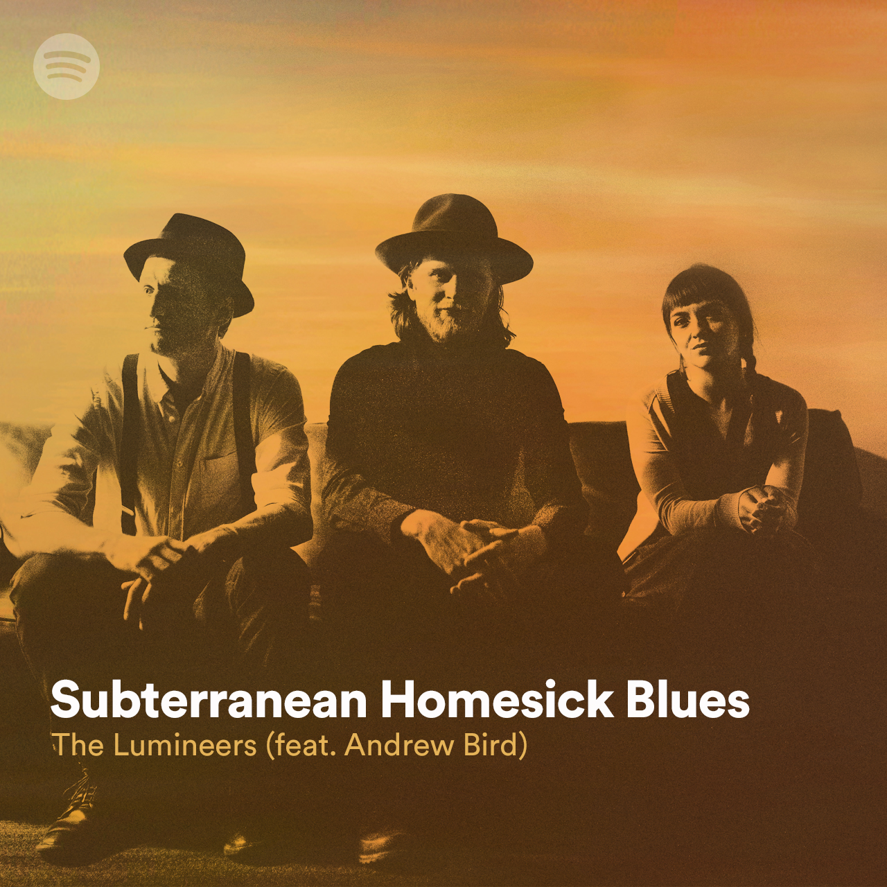 A promotional image of the band The Lumineers with the text "Subterranean Homesick Blues - The Lumineers feat. Andrew Bird" overlaid.