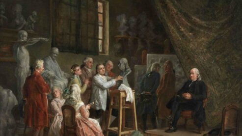 Painting of Benjamin Franklin in the studio of French sculptor Jean Antoine Houdon. | About the Film