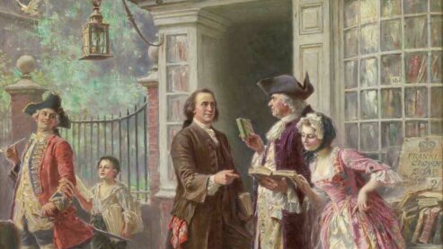 Painting of Franklin's Bookshop in Philadelphia, 1745. | Episode 1: Join or Die
