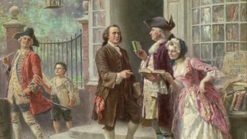 Franklin's bookshop in Philadelphia, 1745. Painting by Jean Leon Gerome Ferris, ca. 1910. | Reading List