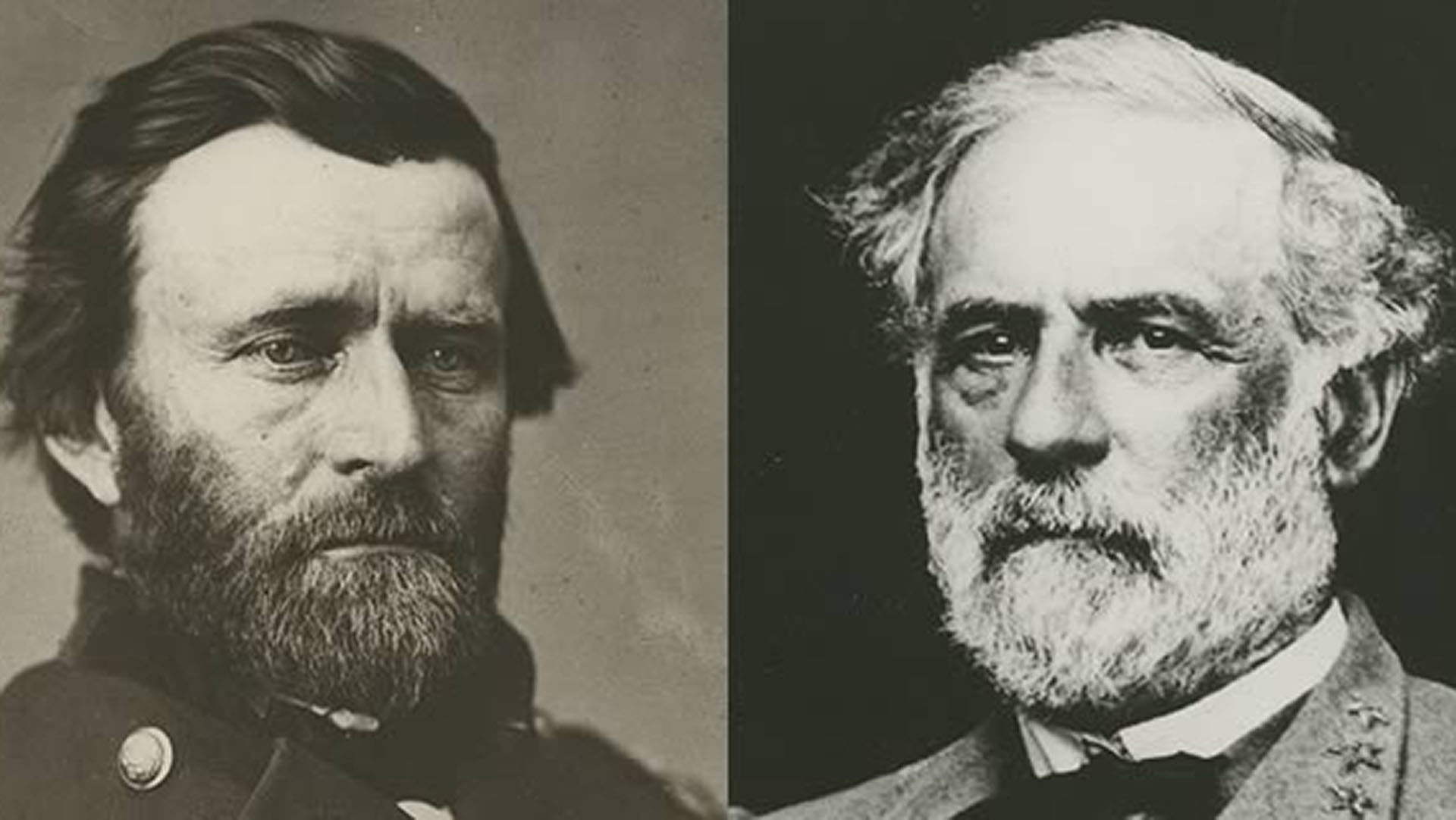 A black-and-white composite photo, split down the middle, showing both Ulysses S. Grant and Robert E. Lee.