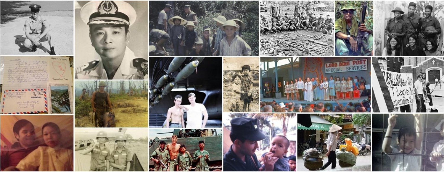 A color collage of photos, made up of many user-submitted photos from the Vietnam era. They include American servicemembers and civilians as well as Vietnamese military personnel and civilians.