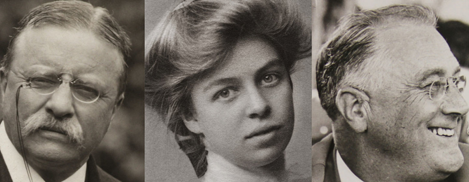 A black-and-white composite photo, comprised of headshots of Theodore Roosevelt, Eleanor Roosevelt and Franklin Delano Roosevelt.