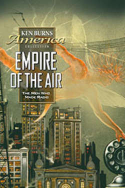 The poster for 'Empire Of The Air: The Men Who Made Radio.' It shows an orange angel against a green-hued cityscape, as electricity crackles around a radio transmitter.