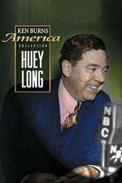 A color poster for the film "Huey Long." It depicts long, leaning toward a news microphone, smiling, against a green background.