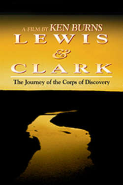 The poster for 'Lewis & Clark: The Journey Of The Corps Of Discovery.' It shows a golden-hued river cutting through black countryside, with a golden sunset in the background.
