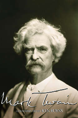 The poster for 'Mark Twain: A Film By Ken Burns.' It shows a sepia-toned photo of Mark Twain against a black background.