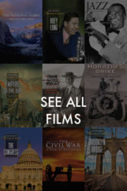 A composite image showing various film posters from the catalogue of Ken Burns films.