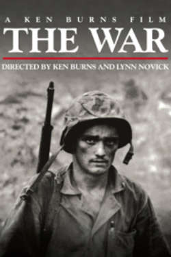 The poster for 'The War: Directed By Ken Burns & Lynn Novick.' It shows a black-and-white photo of a young soldier in camouflage and a helmet, with a serious expression.