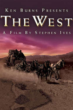 A color poster for the film "The West." It depicts a horse-drawn carriage racing along a dusty desert road as a dramatic pink and purple sky looms overhead.