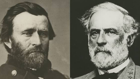 A black-and-white composite photo, split down the middle, showing both Ulysses S. Grant and Robert E. Lee. | Episode 6 | Valley of the Shadow of Death (1864)