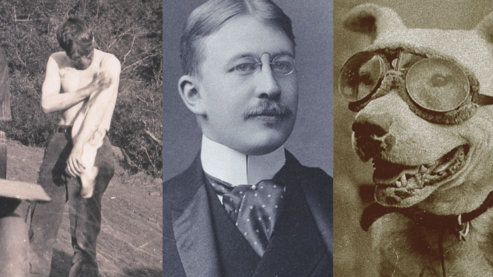 A composite image to show three photos: a sepia-toned photo of Sewall Crocker cleaning oil off his torso, a black-and-white photo of Horatio Nelson Jackson, and a sepia-toned photo of Bud the dog, wearing goggles. | The Crew