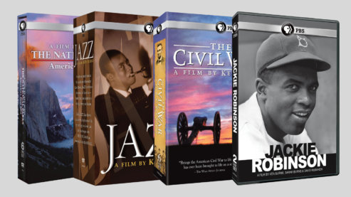 A color composite image promoting some of the available Florentine Films products. The image shows DVD boxsets for "The National Parks: America's Best Idea," "Jazz," "The Civil War" and "Jackie Robinson." | Own The Films