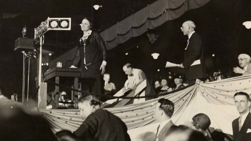 Mabel Walker Willebrandt, assistant United States Attorney General, before microphone in Kansas City convention hall 1928. | UNUM