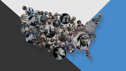 A promotional composite image for Ken Burns' UNUM. It shows a map of the United States of America made up of small circles, and in each of those circles is an image from one of Ken Burns' films. Many of these images are faces of interviewees or historical photos. In the background is a geometric gray, blue and white pattern. | Ken Burns UNUM