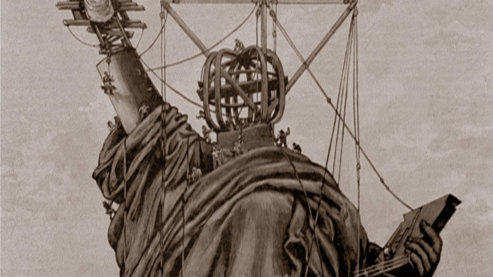 A brown-hued illustration depicting the Statue of Liberty being built. The support structure inside of the statue's head is visible. | Video