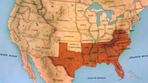 A color map of the United States of America as it appeared during the Civil War. Souther, confederate states are highlighted in red. | Maps