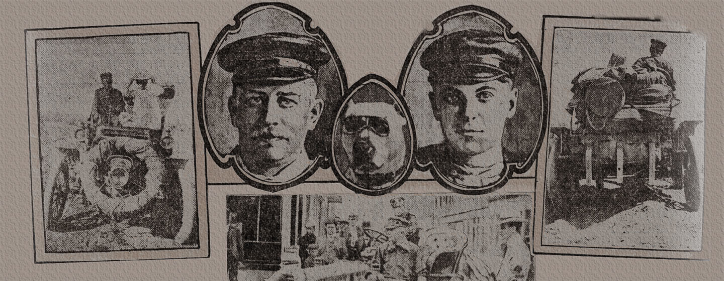 A sepia-toned composite image of newspaper clippings, showing two people riding in an old-fashioned automobile, portraits of Horatio Nelson Jackson, Bud the dog and Sewall Crocker, and the back of an old-fashioned automobile.
