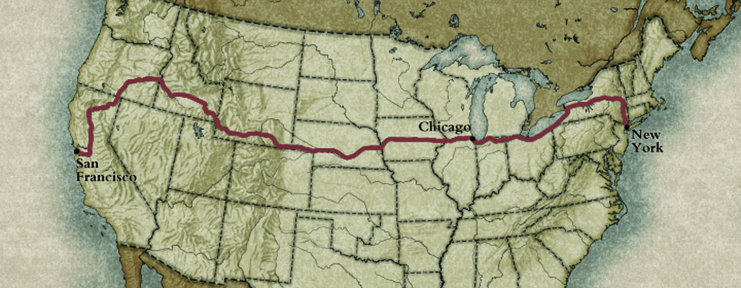 A sepia-toned image of a North American map, with a red line representing Horatio Nelson Jackson's road trip route.