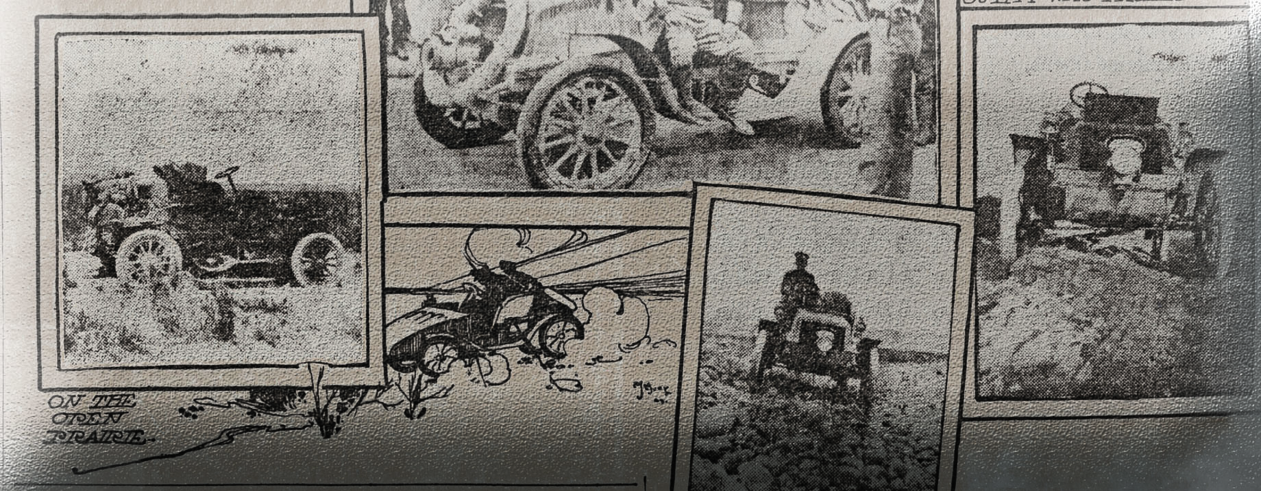 A composite image of newspaper clippings, showing various old-fashioned automobiles.