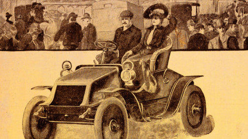 A sepia-toned illustration depicting an advertisement for an old-fashioned automobile. | Timeline