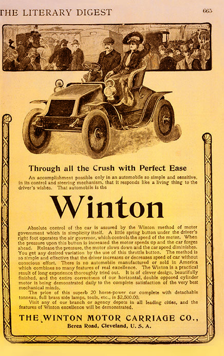An original ad for the Winton Motor Car, with an illustration of a couple sitting atop the car, and a blurb about the car's selling points.